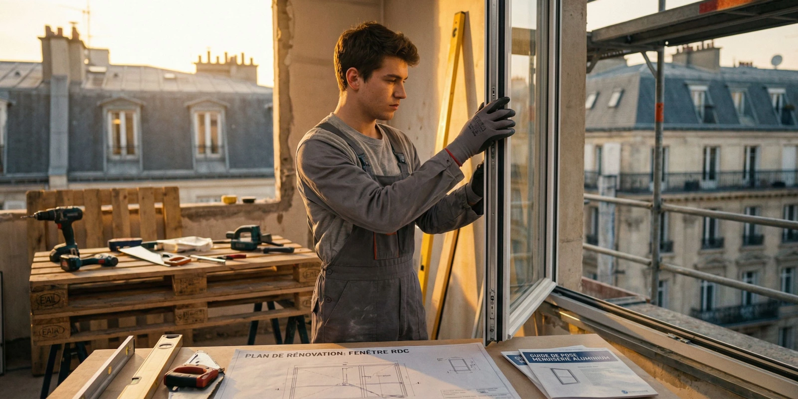 BP Menuisier Aluminium-Verre en Alternance : Comment ça Marche et Où Trouver un CFA ? Apprenti menuisier aluminium posant une menuiserie extérieure sur un chantier de rénovation