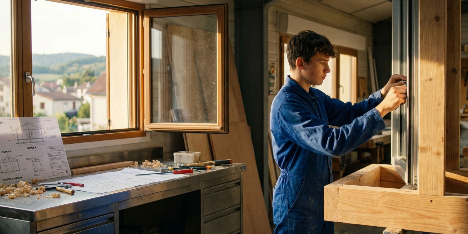 BP Menuisier Aluminium-Verre : Tout Savoir sur ce Diplôme (Accès, Programme, Débouchés) Menuisier aluminium posant une fenêtre sur chantier de rénovation en atelier professionnel