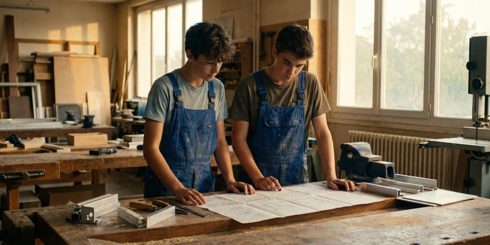 BP ou Bac Pro Menuiserie Aluminium-Verre : Lequel Choisir ? Comparatif Complet Deux apprentis menuisiers aluminium-verre comparant leurs plans d'atelier en formation