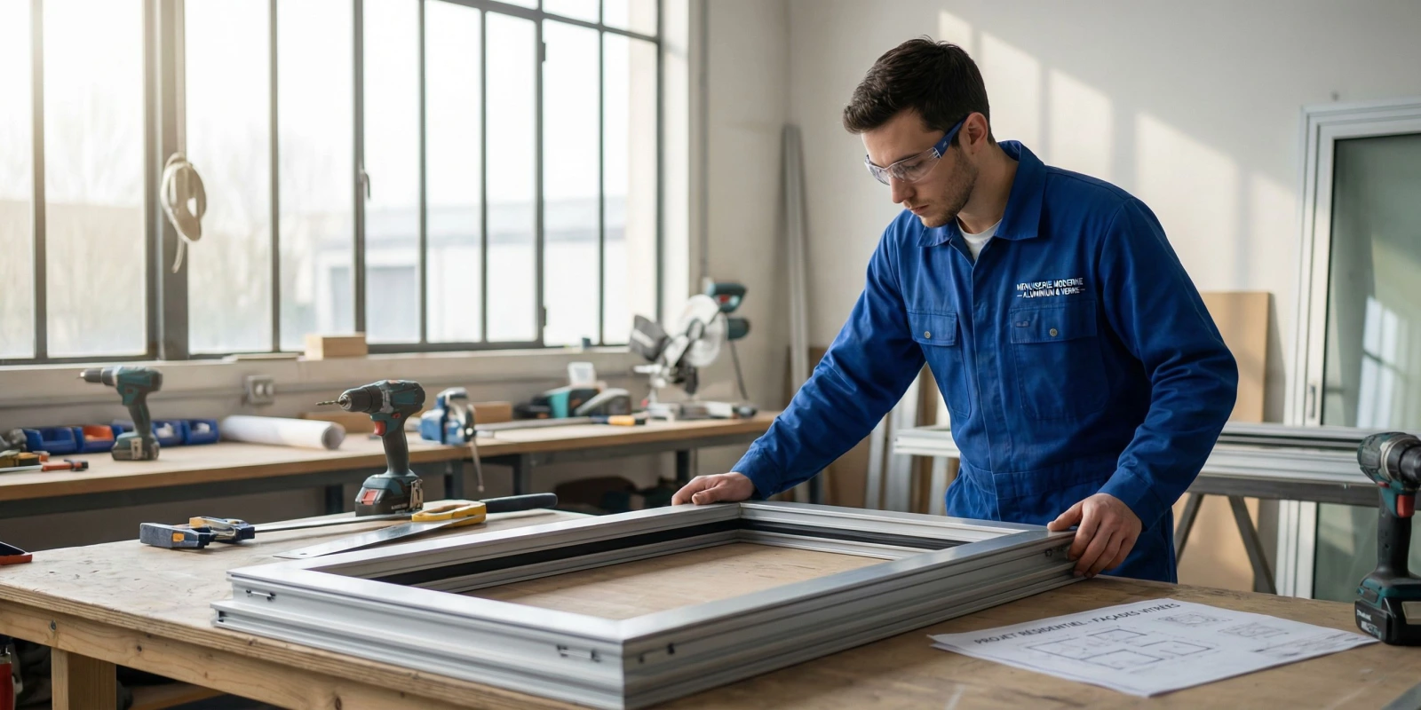S'inscrire au BP Menuisier Aluminium-Verre en Candidat Libre : Mode d'Emploi Complet Un menuisier aluminium-verre en atelier, posant un châssis aluminium sur chantier