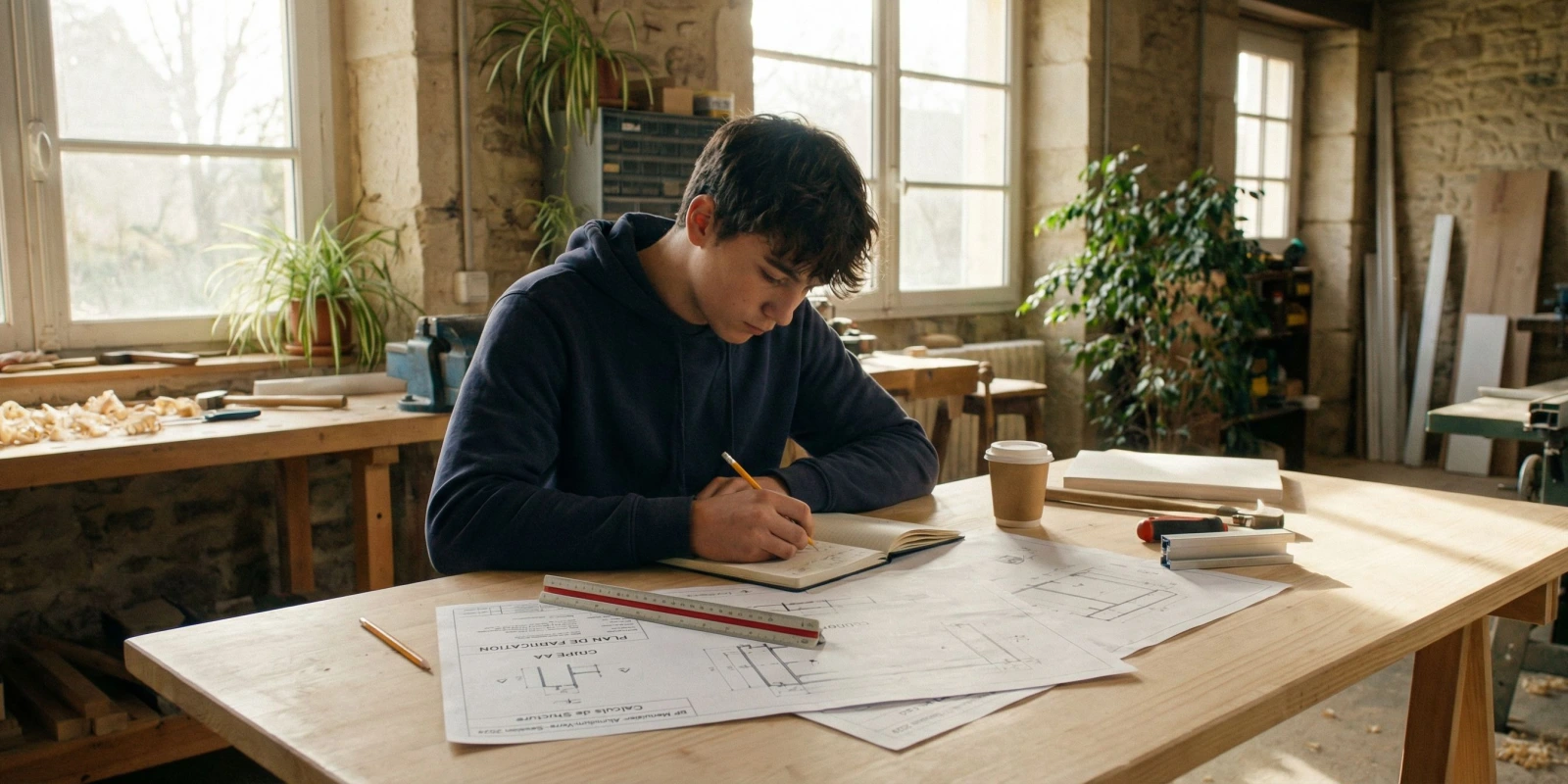 Comment Réviser pour le BP Menuisier Aluminium-Verre : Méthodes, Planning et Ressources Candidat en atelier révisant des plans de profilés aluminium avant son examen de BP