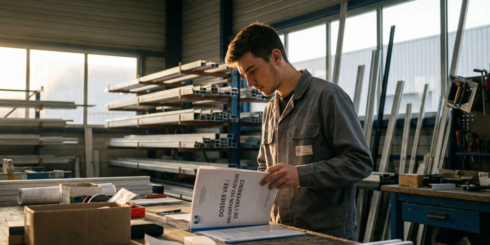 VAE pour le BP Menuisier Aluminium-Verre : Comment Valider ton Expérience et Obtenir le Diplôme Menuisier aluminium en atelier tenant un dossier VAE devant des profilés aluminium